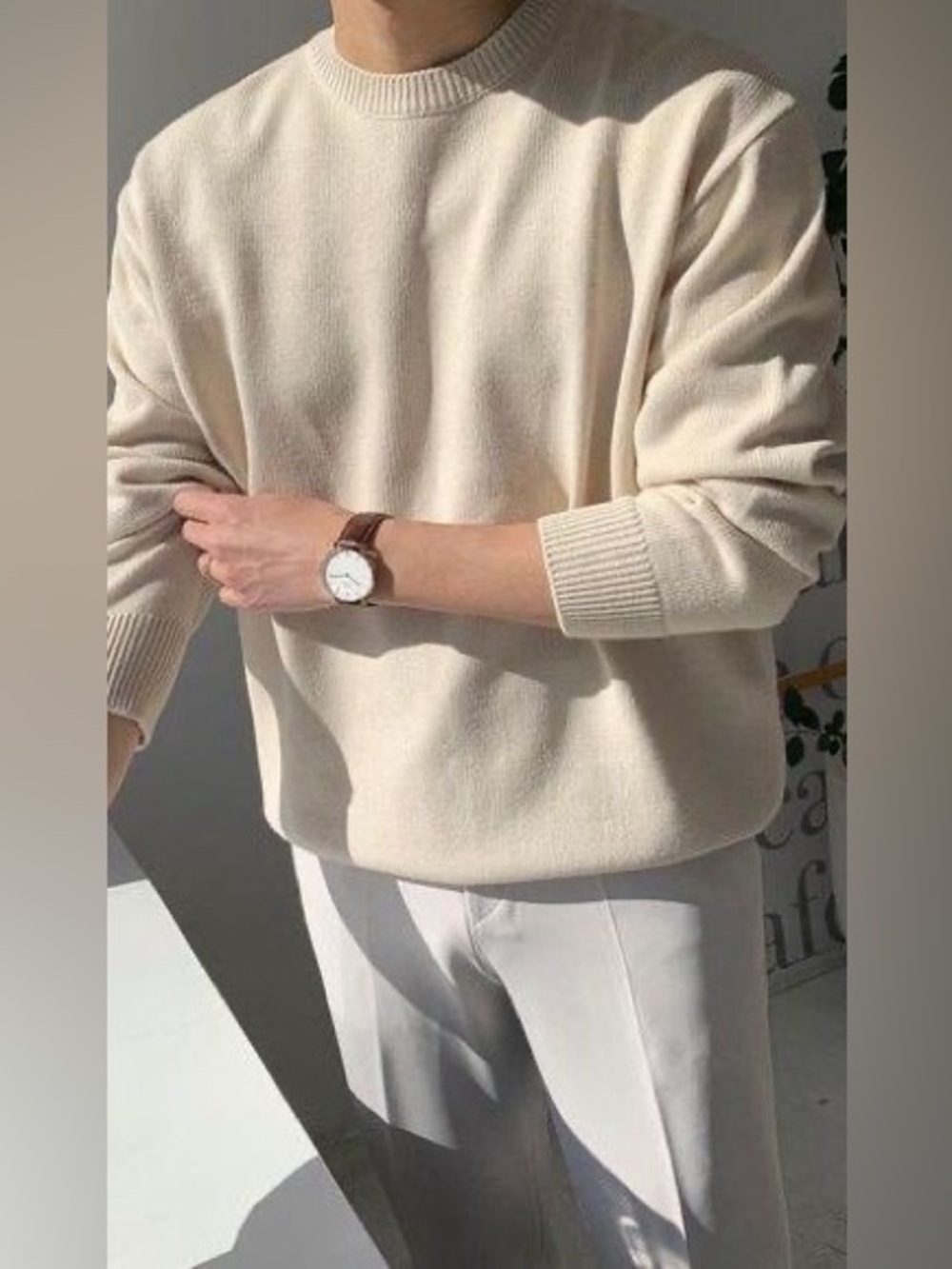 SPAO FOR MEN Medium Light Cream Beige Round Crewneck Longsleeve Sweater